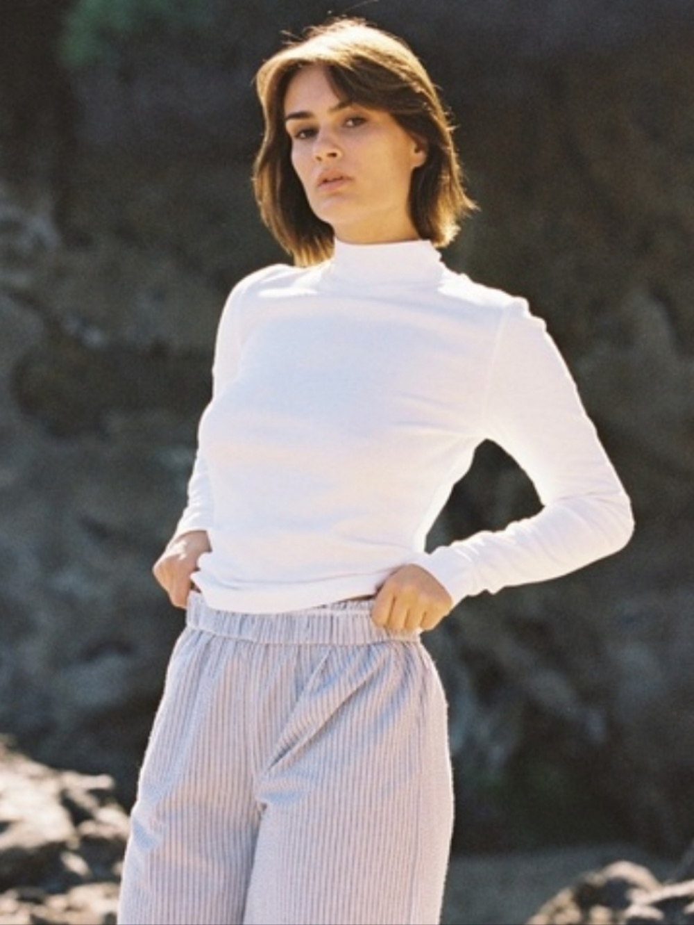 LA Relaxed Pointelle 90s Relaxed Long Sleeve Mock Neck XL Eggplant Plum - Picture 2 of 9